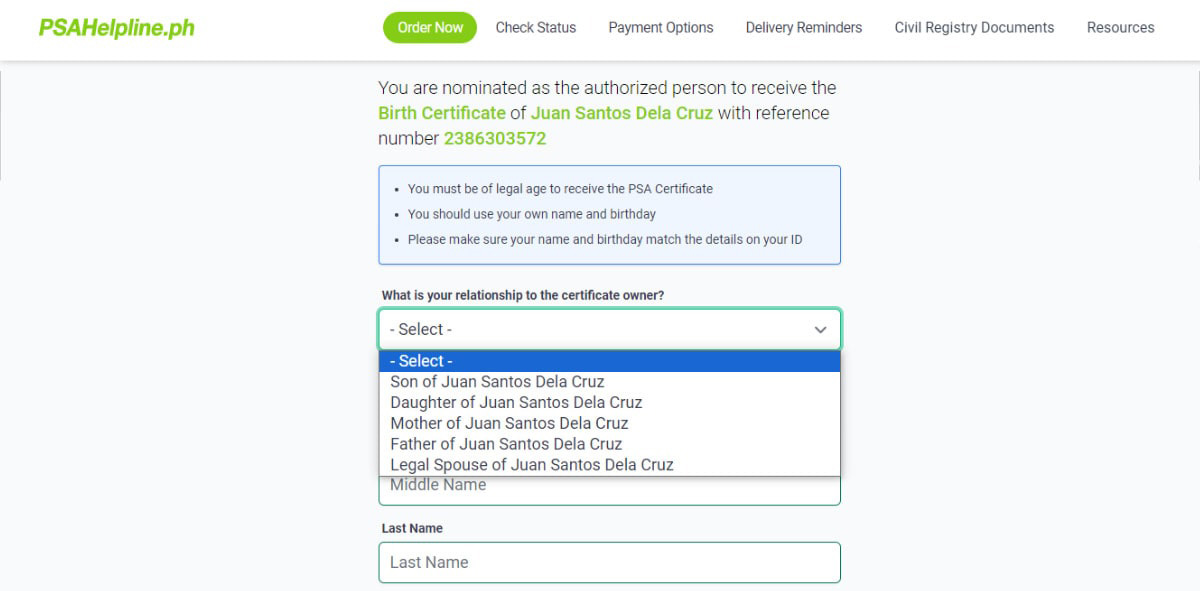How to authorize your relative to receive your PSA birth certificate